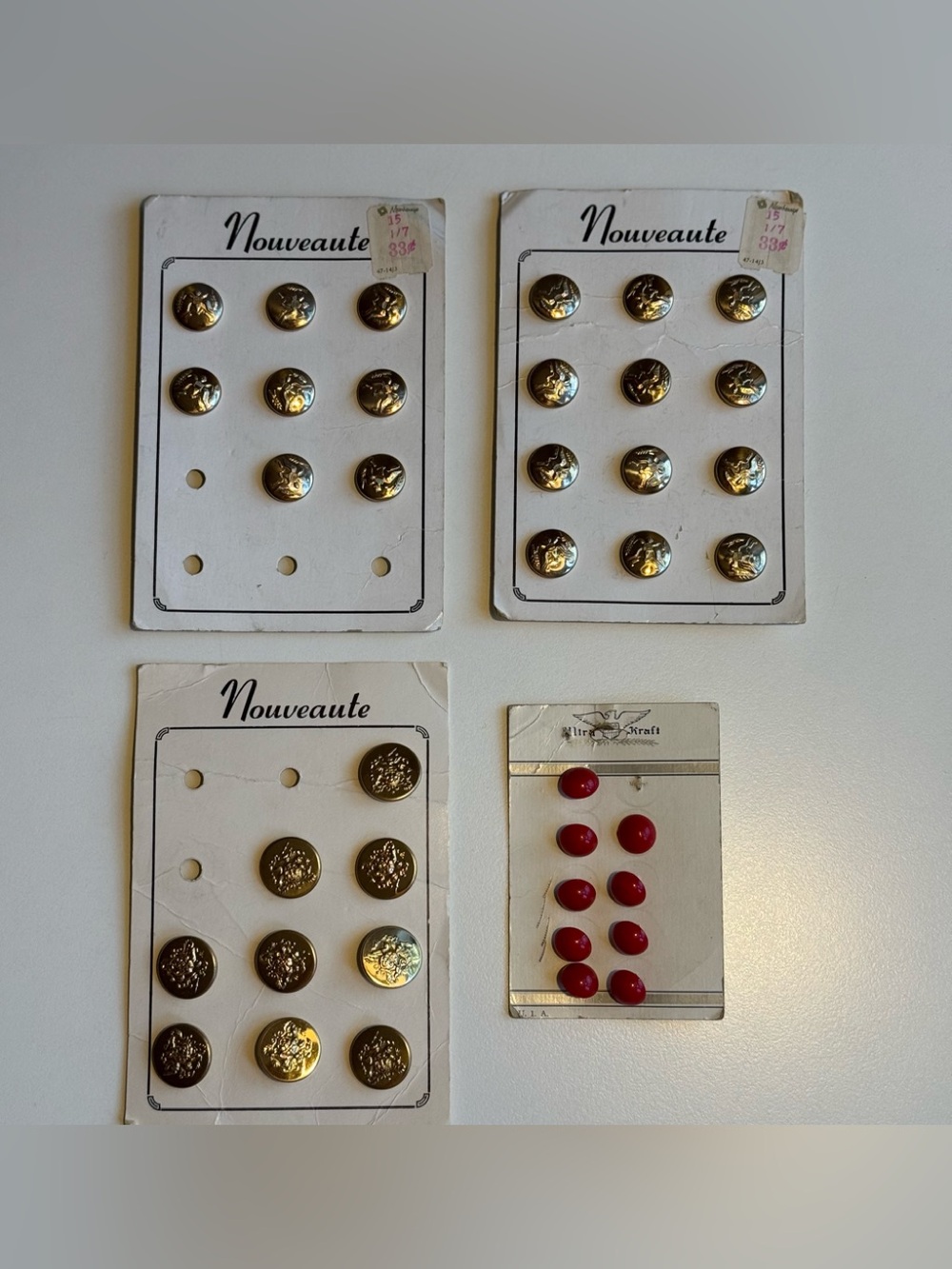 Button Vintage Lot Mixed Sewing Original Cards Nouveaute Ultra Kraft Gold Red